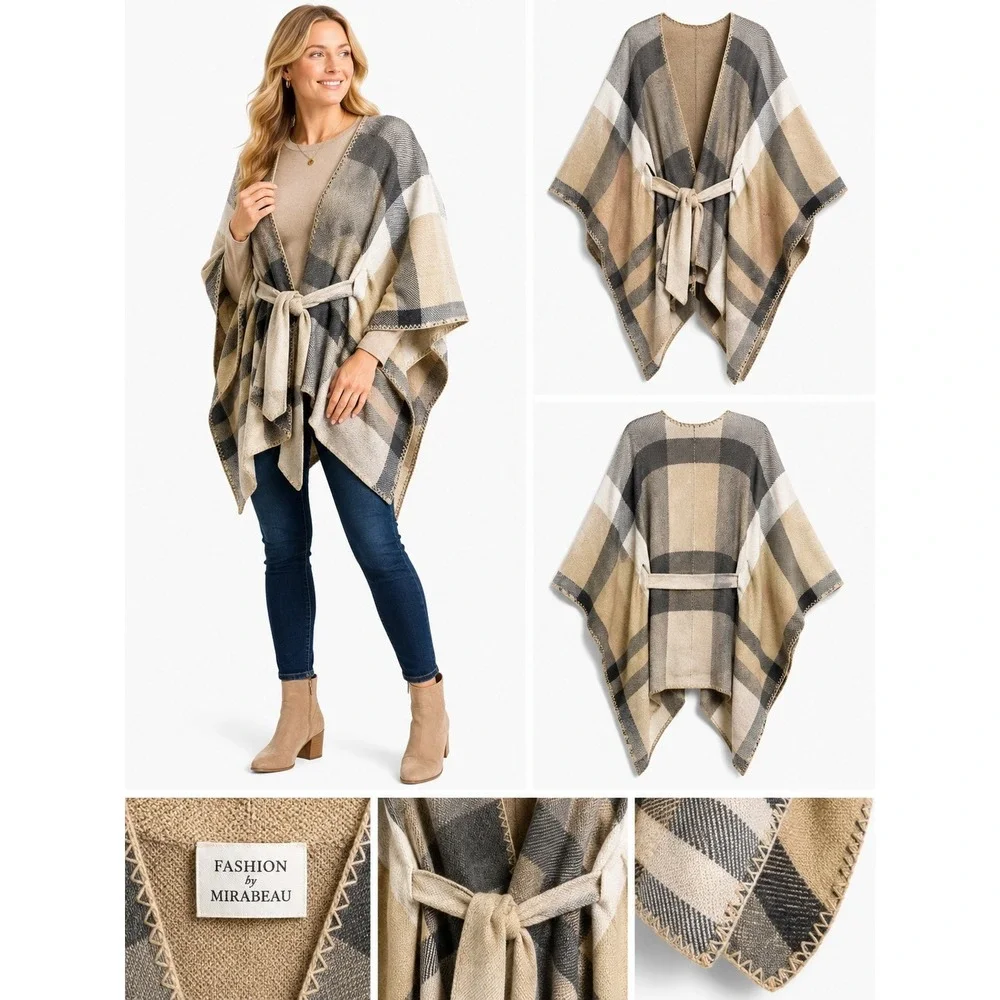Fashion by Mirabeau Poncho OS Plaid Belted Wrap Outerwear Cozy Layering, Fall